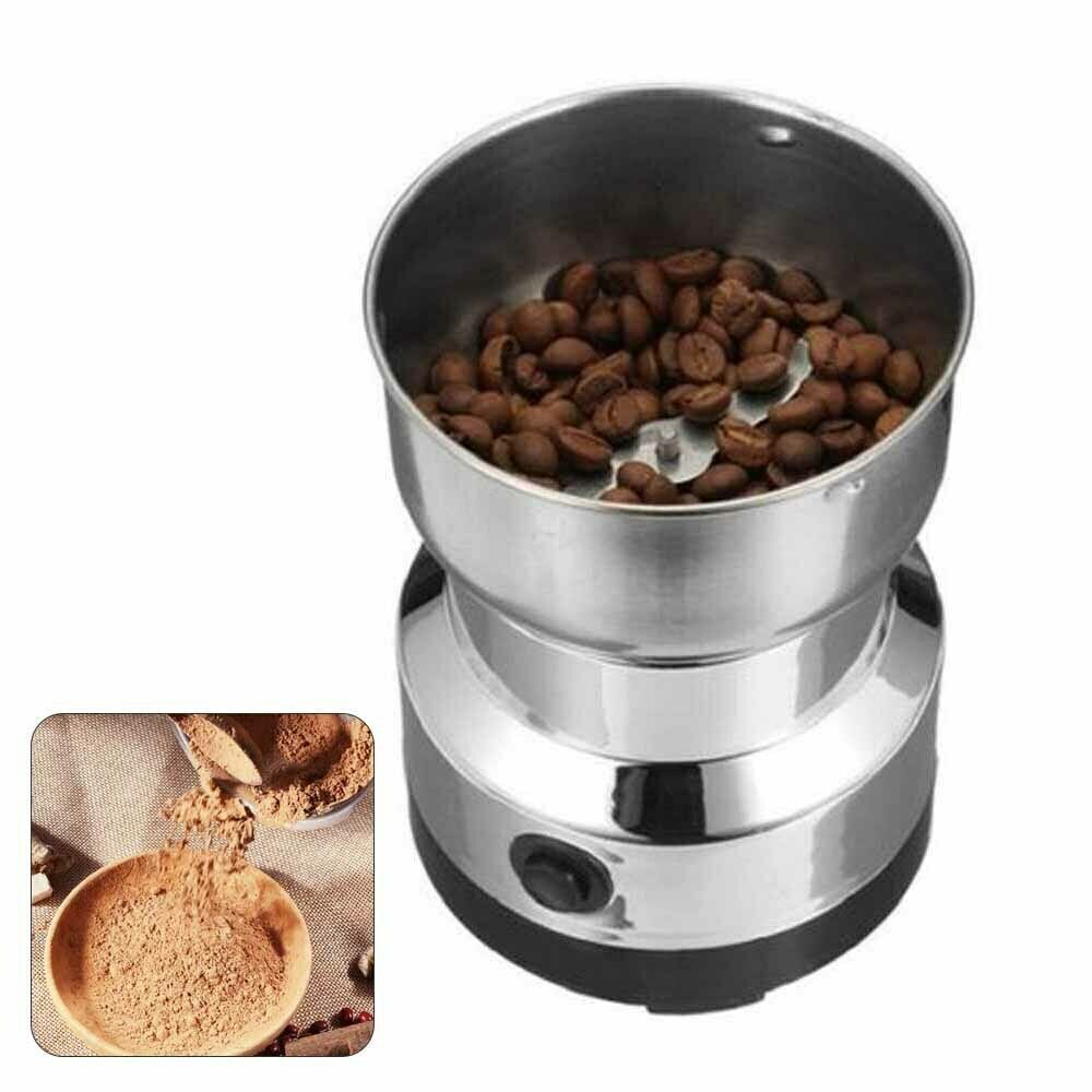 Casora electric grinder shown with coffee beans and ground coffee
