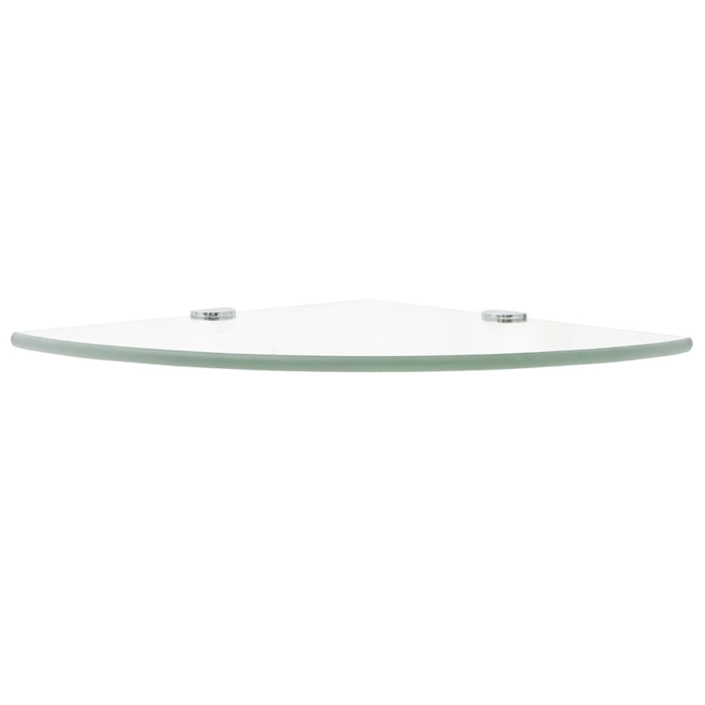 Tempered glass corner shelf holding decorative items
