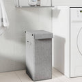 Grey foldable laundry basket with lid, front view