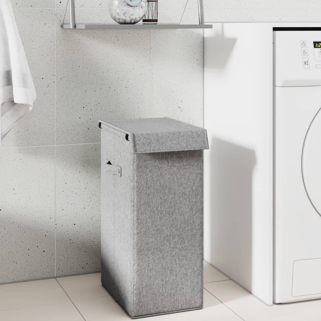 Grey foldable laundry basket with lid, front view