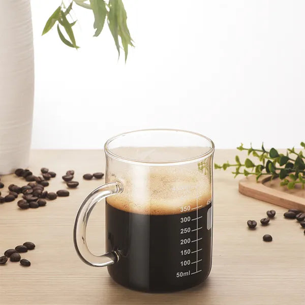 Side view of the clear glass coffee server with measuring scale