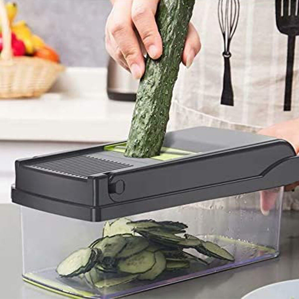 Casora vegetable slicer in use, slicing vegetables into the collection container
