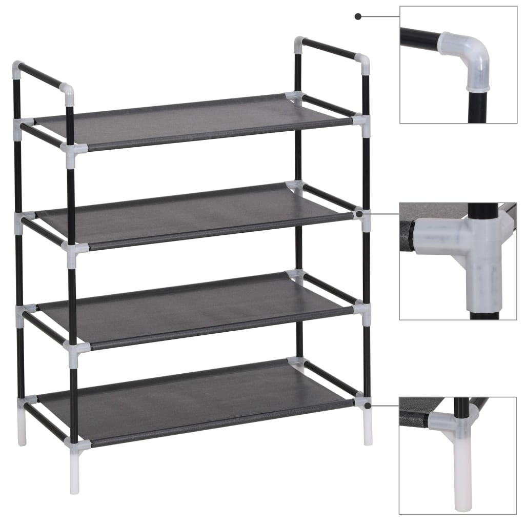 Black shoe rack with 4 non-woven fabric shelves and metal tube frame