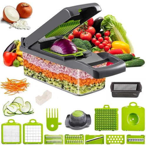 Casora 16-in-1 vegetable cutter with grey body and 1.5L container filled with chopped vegetables