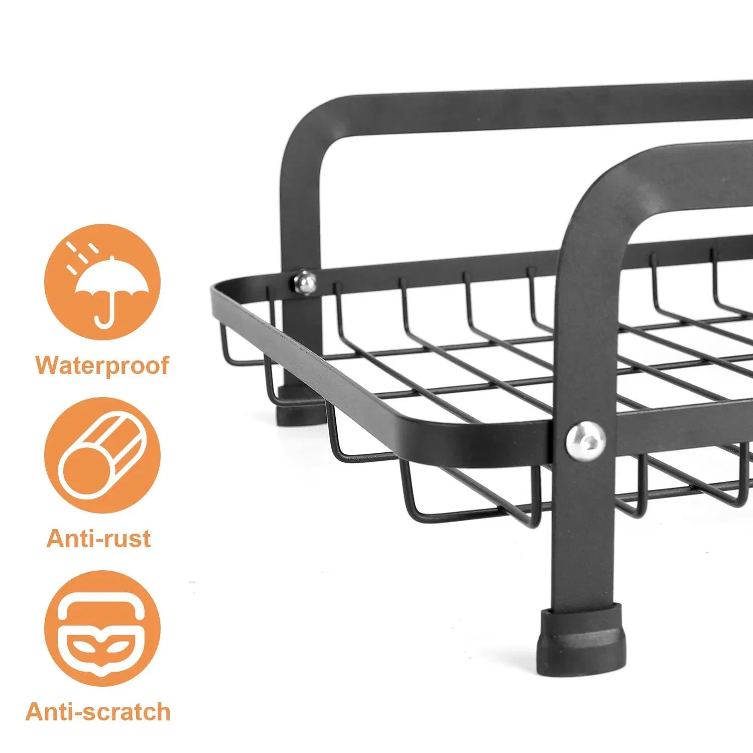 Detail of the matte black flat-iron frame of the Casora tableware rack