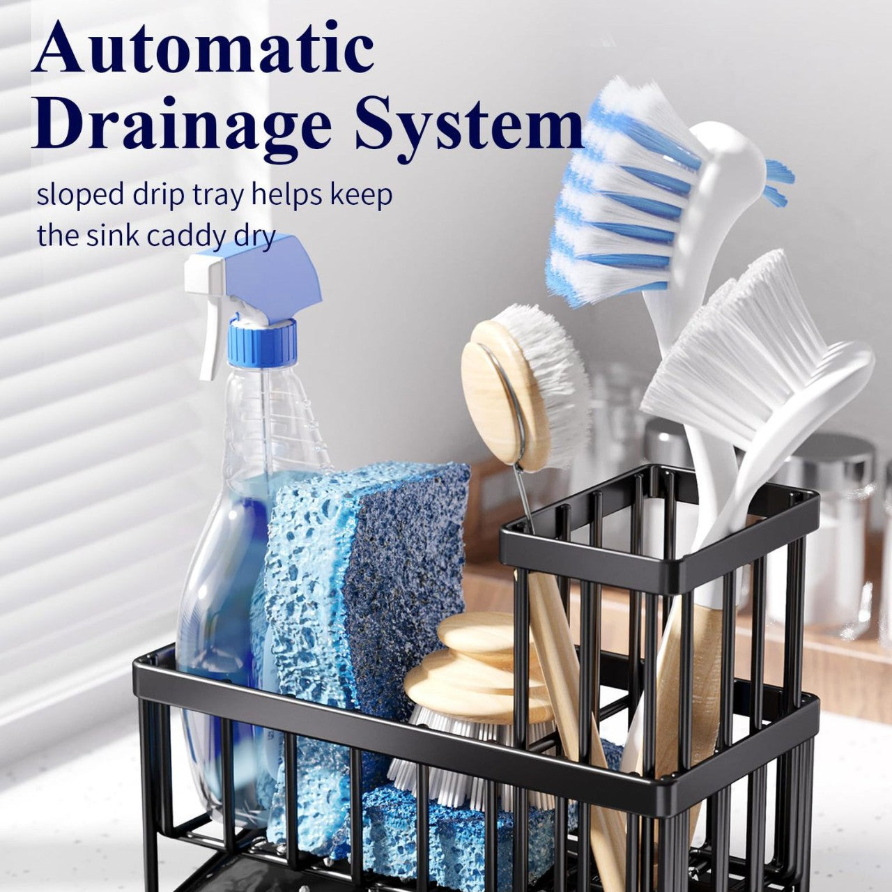 Casora sink caddy and sponge holder shown in use at the kitchen sink
