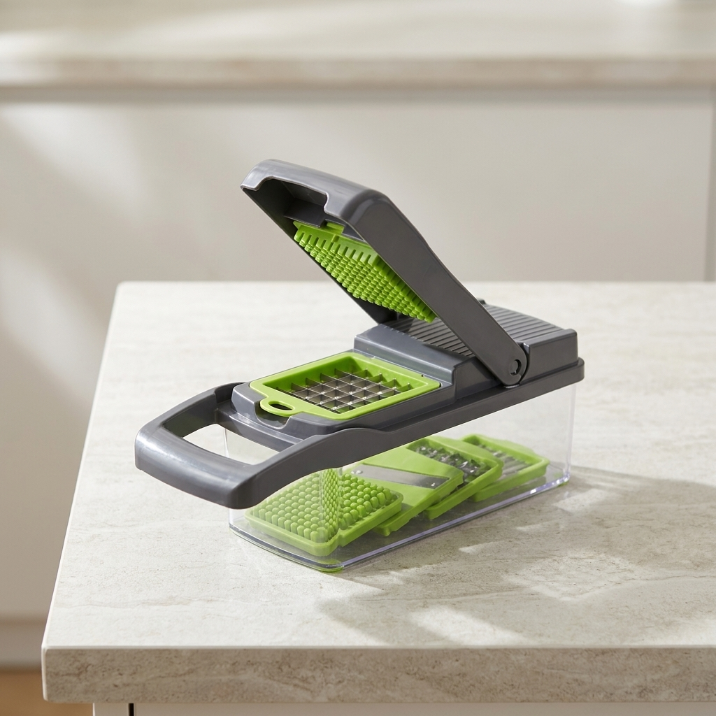 Casora 16-in-1 vegetable slicer set with blade inserts on a stone counter
